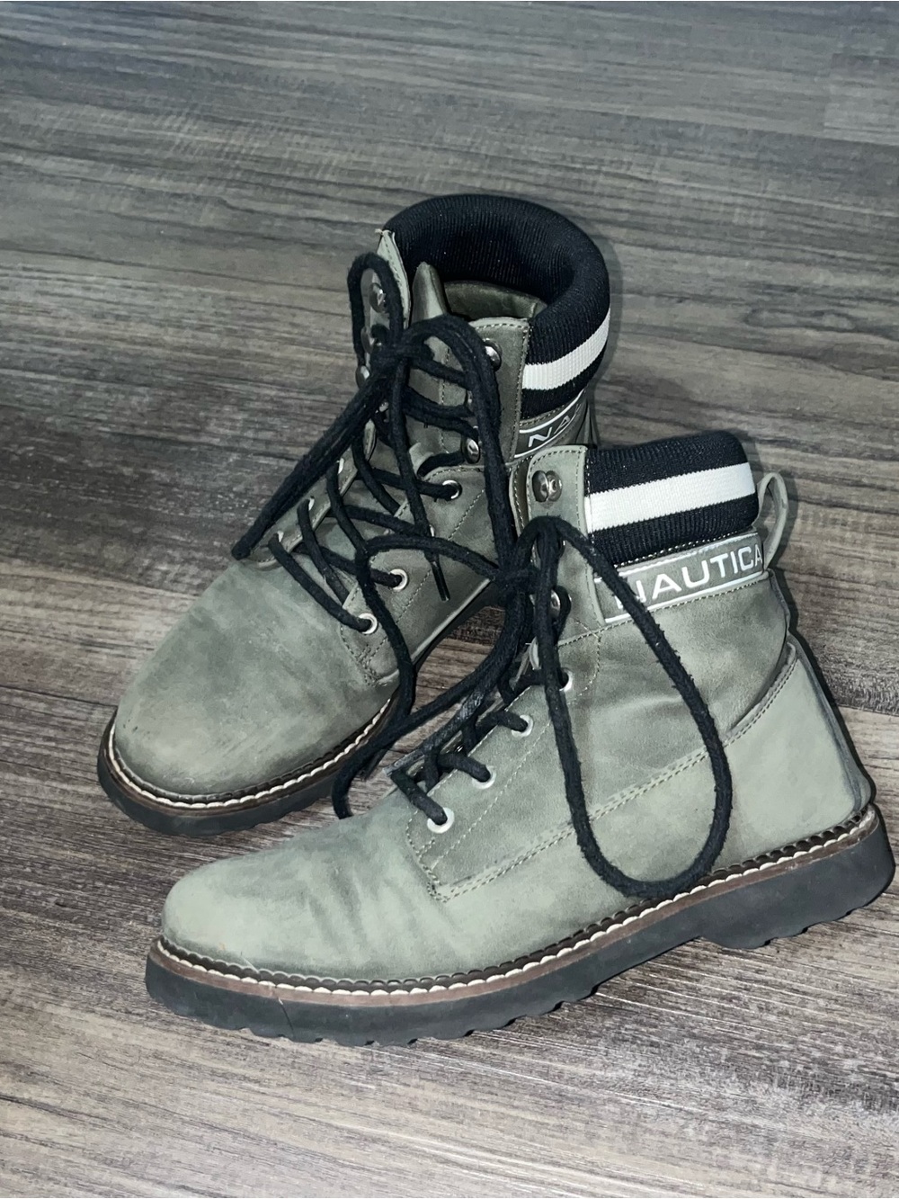 Nautica Olive Green Lace-Up Leather Ankle Boots with Black Trim